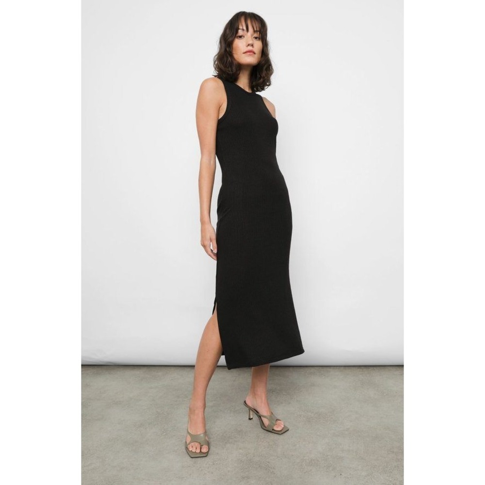 Rails Ribbed Knit The Tank Dress Midi Medium Black Sleeveless Slit Crew Neck